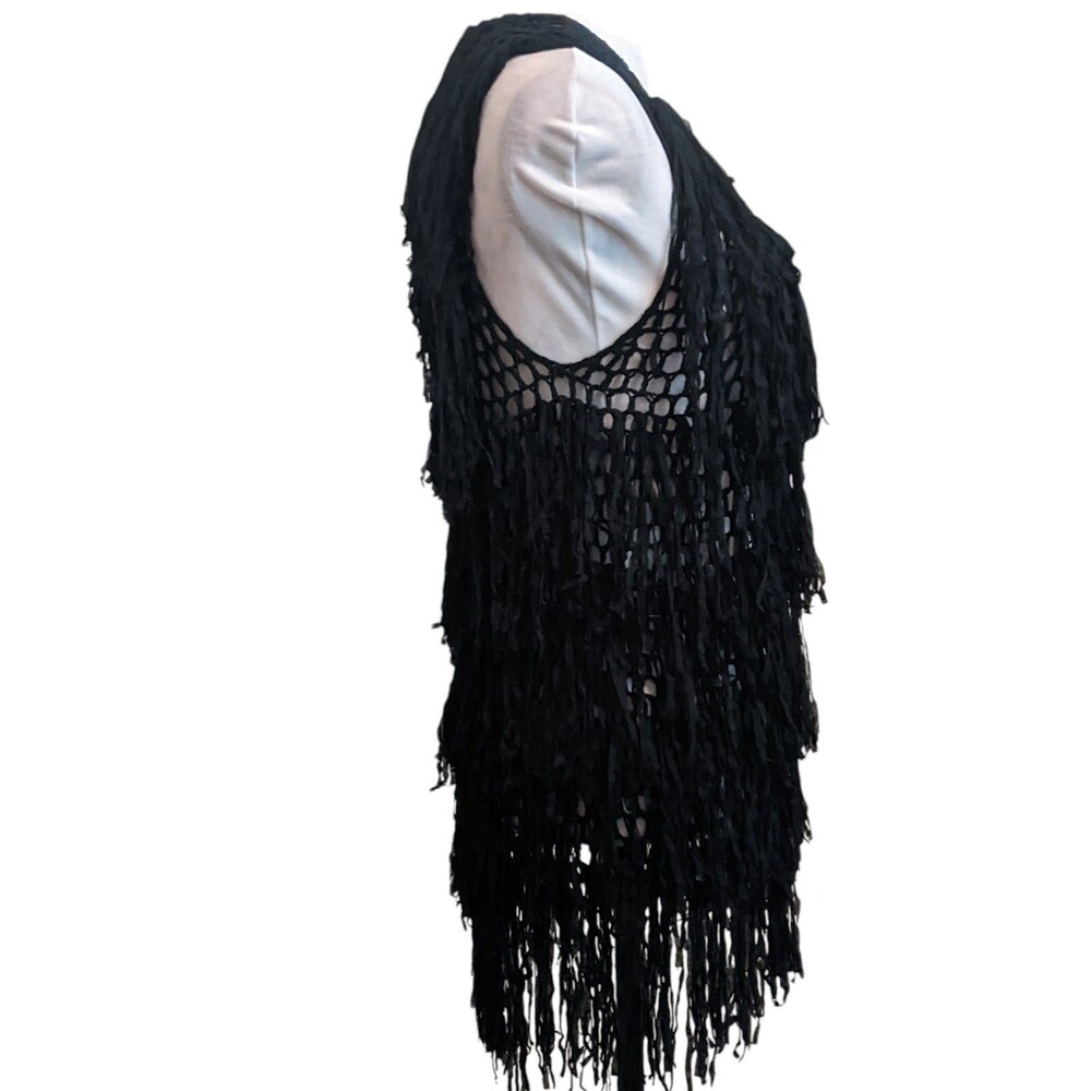 Boho Vest Crochet Fringe Black Festival Concert S-M